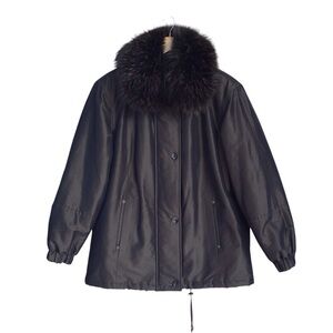 Fleet Street Metallic Iridescent Dark Green Racoon Fur Trim Coat